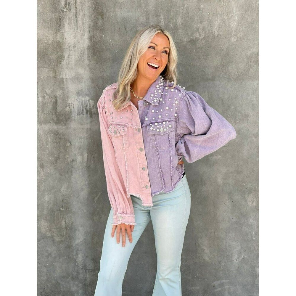 POL CLOTHING Lilac Pink Pearl Diamond Studded Half and Half Denim Jacket FWJ160A - Picture 3 of 12